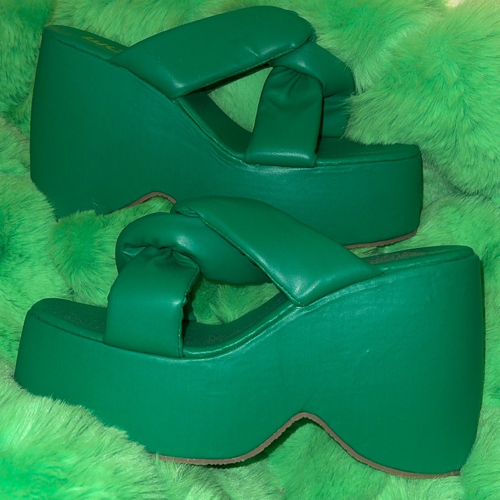 EGO WEEGO TWISTED EXTREME WEDGE OPEN TOE SHOE HEEL SANDAL GREEN US 9 UK 7 SPRING - Picture 2 of 6